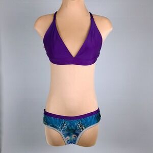 Dkoko Swimwear Purple Halter Bikini Top (L) Peacock Print Hipster Bottoms (S)